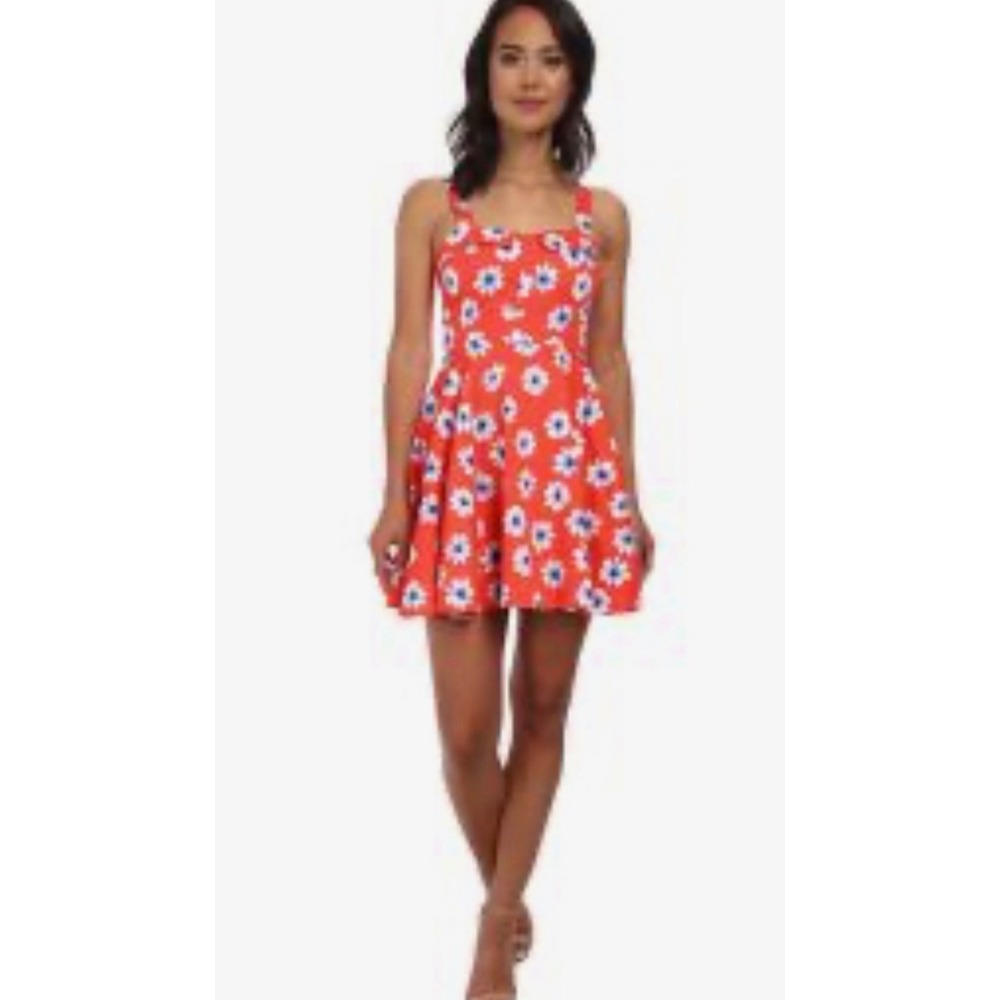 IXIA Red Daisy Floral Fit and Flare Mini Dress Med. Sleeveless Retro Style 3562